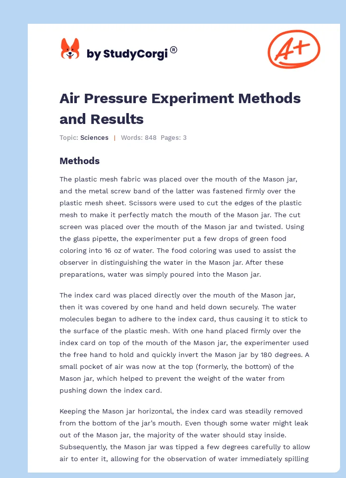 Air Pressure Experiment Methods and Results. Page 1