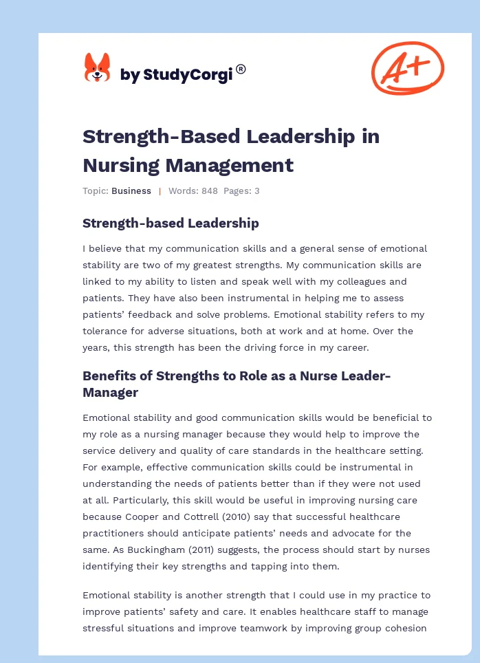 Strength-Based Leadership in Nursing Management. Page 1