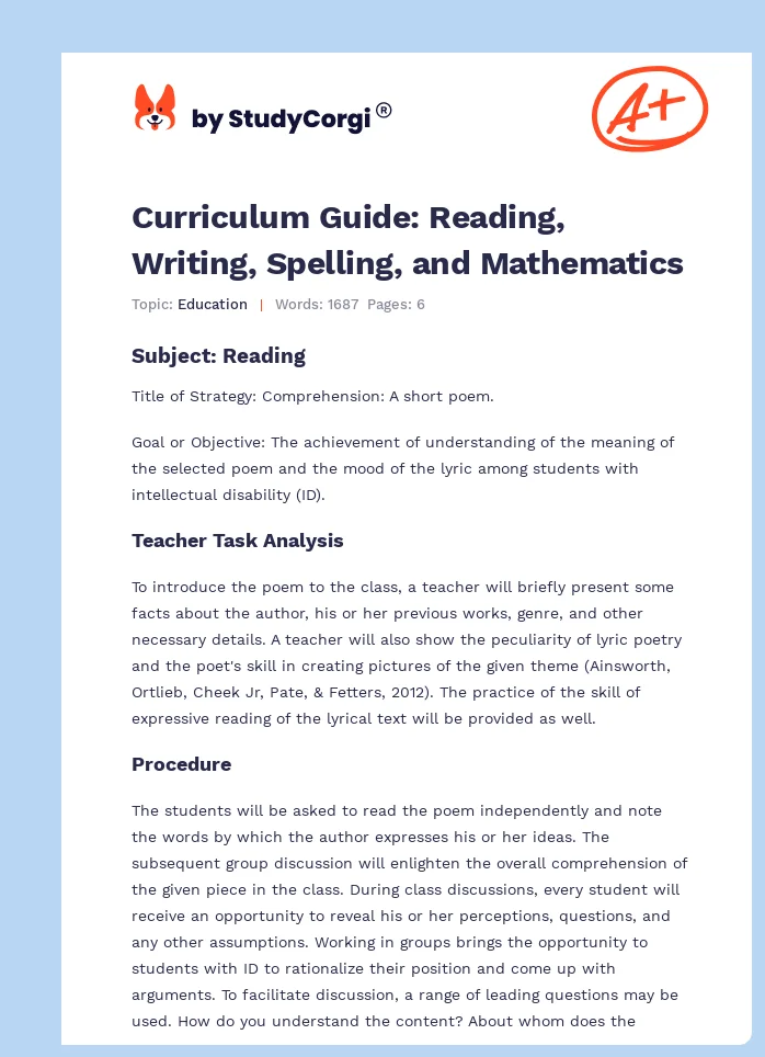 Curriculum Guide: Reading, Writing, Spelling, and Mathematics. Page 1