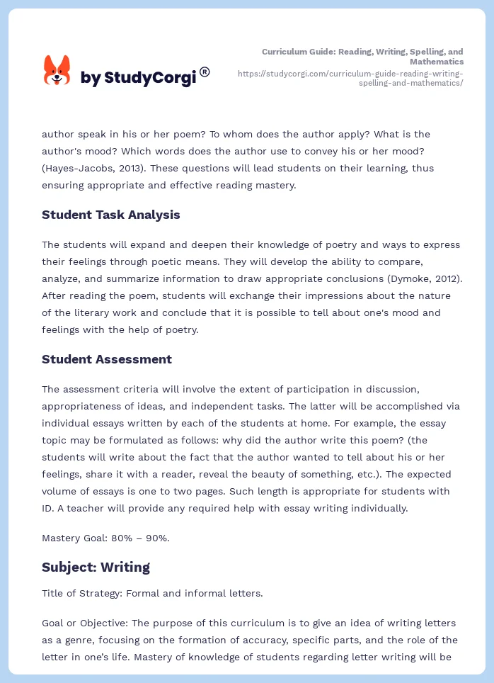 Curriculum Guide: Reading, Writing, Spelling, and Mathematics. Page 2