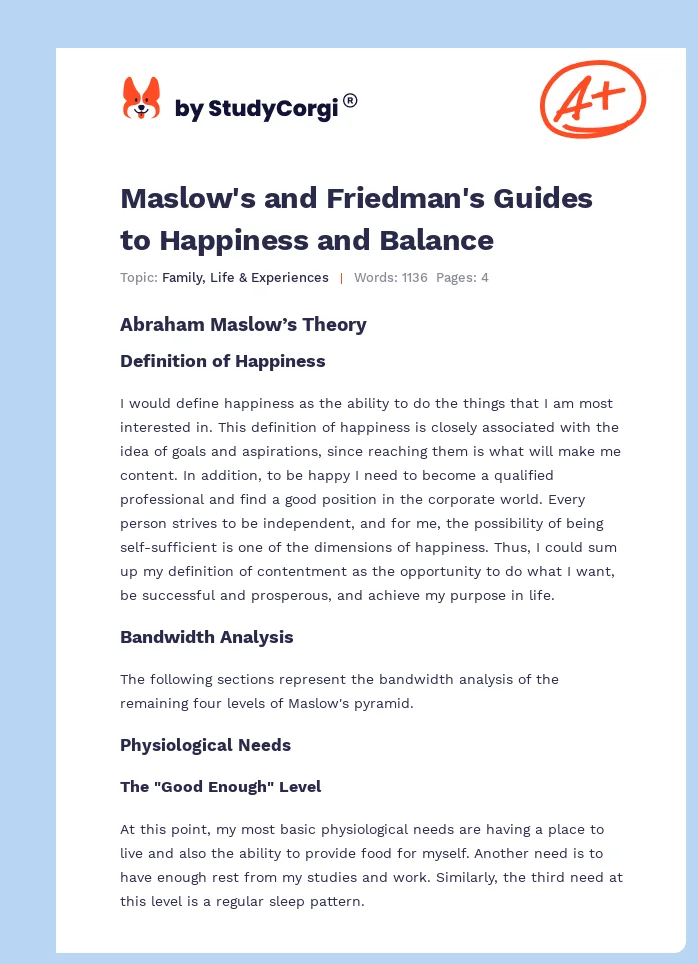 Maslow's and Friedman's Guides to Happiness and Balance. Page 1