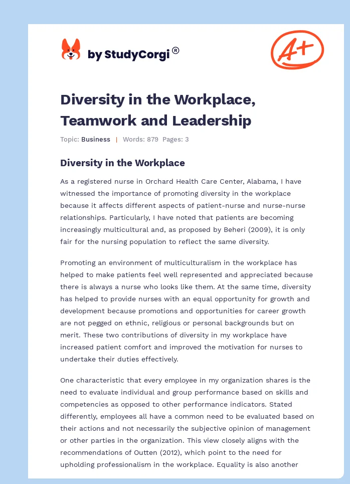 Diversity in the Workplace, Teamwork and Leadership. Page 1