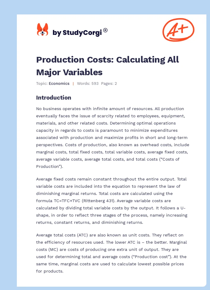 Production Costs: Calculating All Major Variables. Page 1