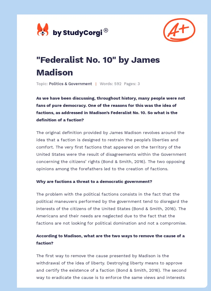 "Federalist No. 10" by James Madison. Page 1