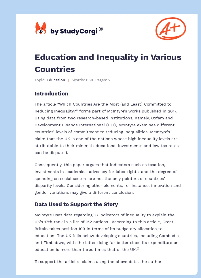 Education and Inequality in Various Countries. Page 1