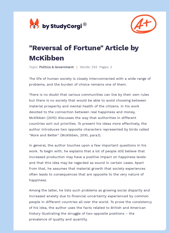 "Reversal of Fortune" Article by McKibben. Page 1