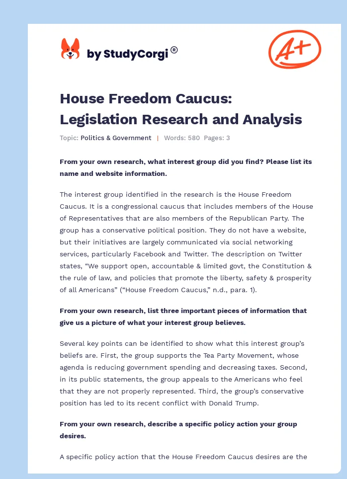 House Freedom Caucus: Legislation Research and Analysis. Page 1