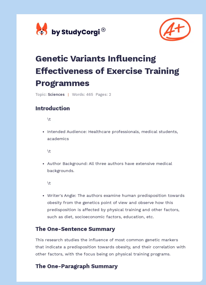 Genetic Variants Influencing Effectiveness of Exercise Training Programmes. Page 1