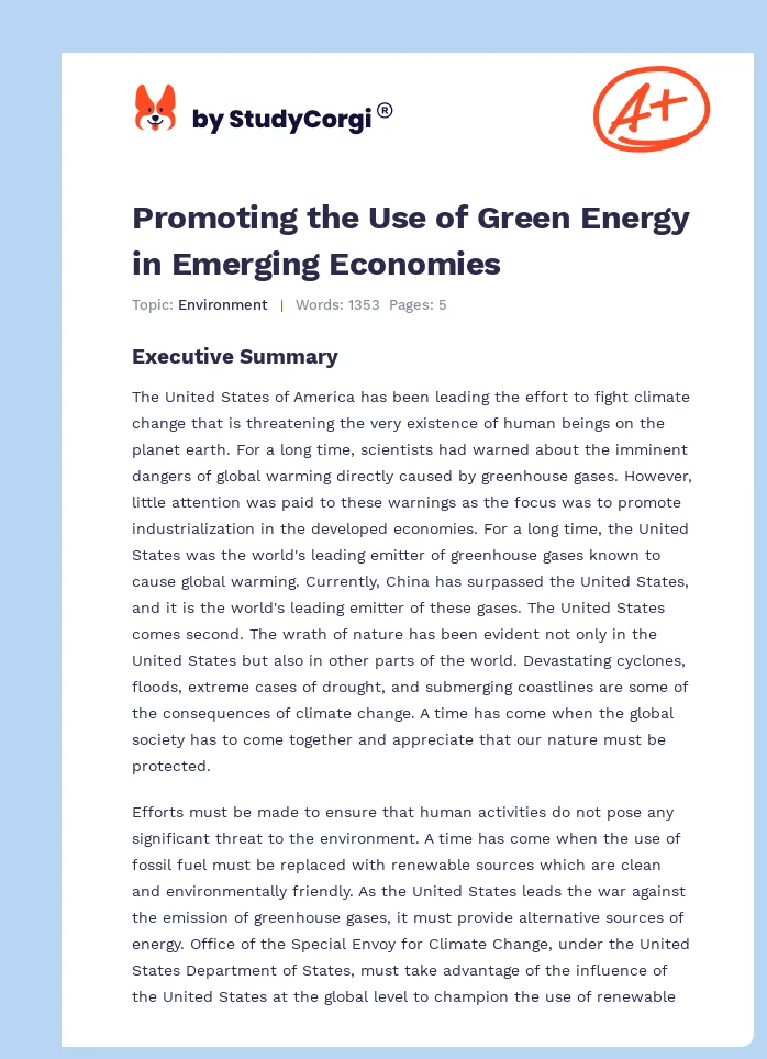 Promoting the Use of Green Energy in Emerging Economies. Page 1