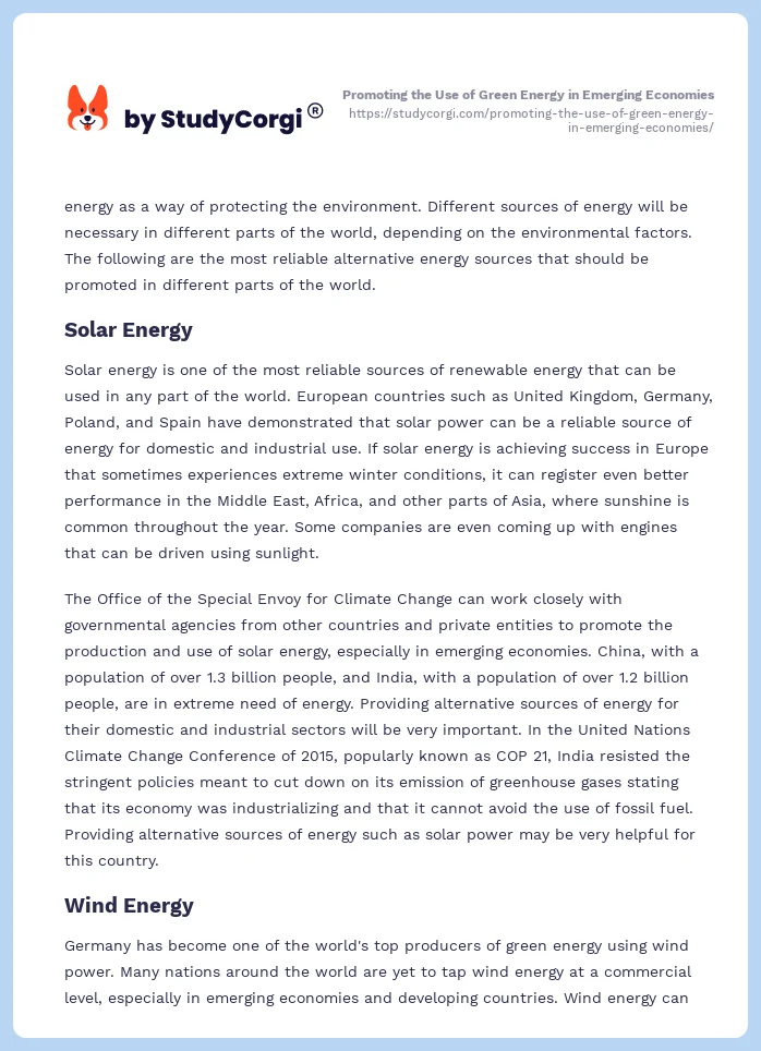 Promoting the Use of Green Energy in Emerging Economies. Page 2