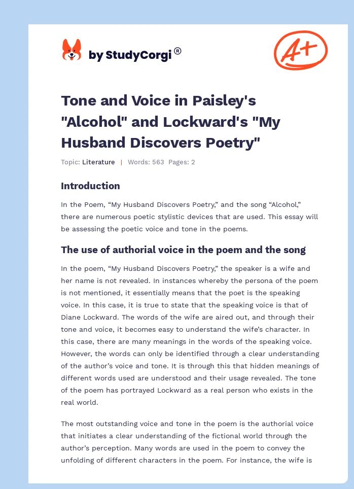 Tone and Voice in Paisley's "Alcohol" and Lockward's "My Husband Discovers Poetry". Page 1