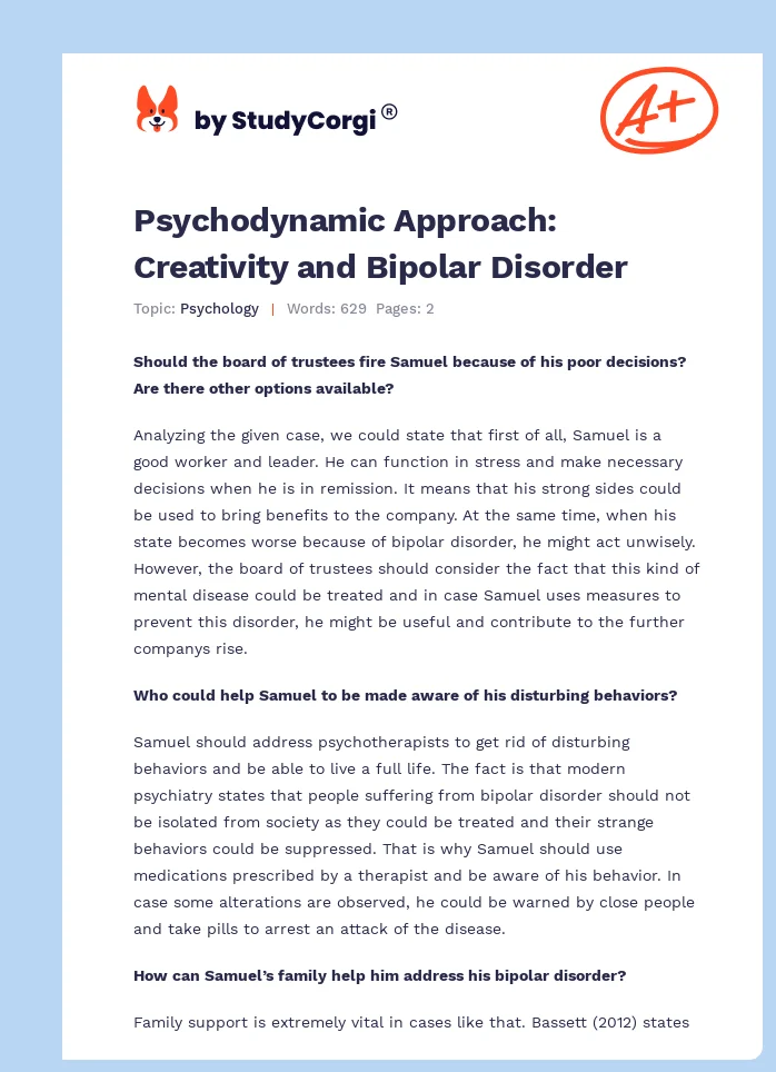 Psychodynamic Approach: Creativity and Bipolar Disorder. Page 1