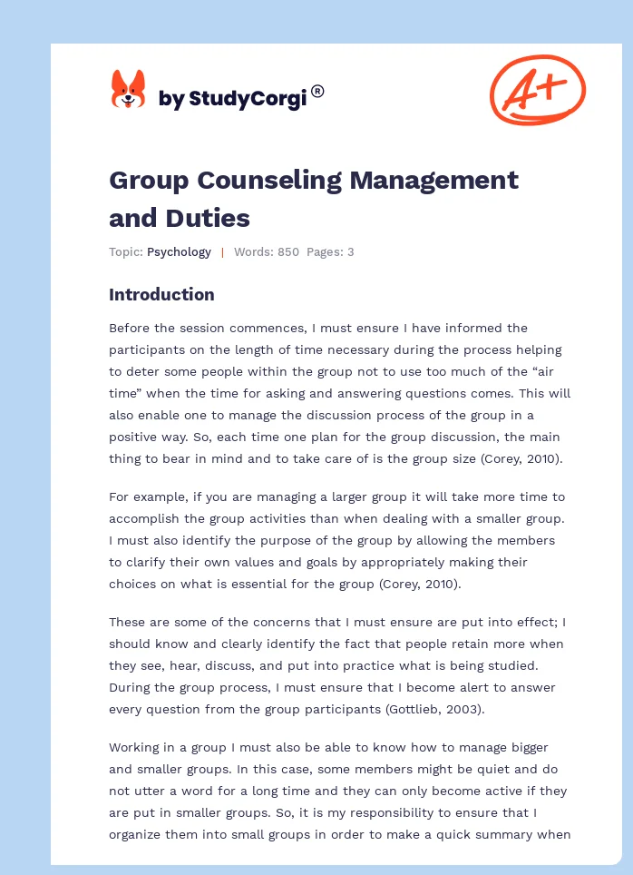 Group Counseling Management and Duties. Page 1
