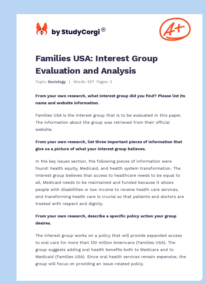 Families USA: Interest Group Evaluation and Analysis. Page 1