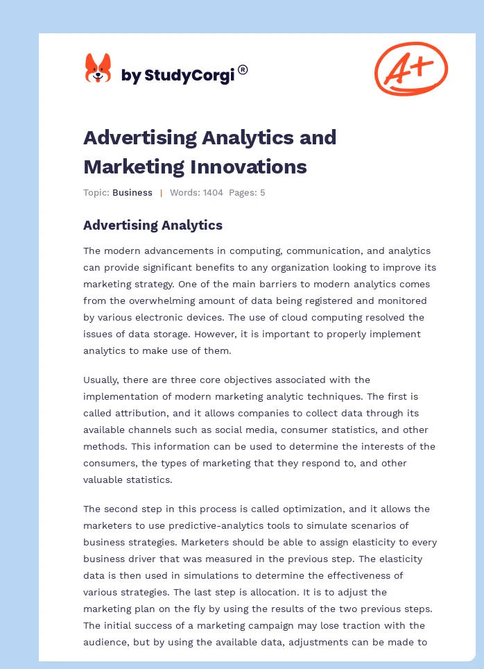 Advertising Analytics and Marketing Innovations. Page 1