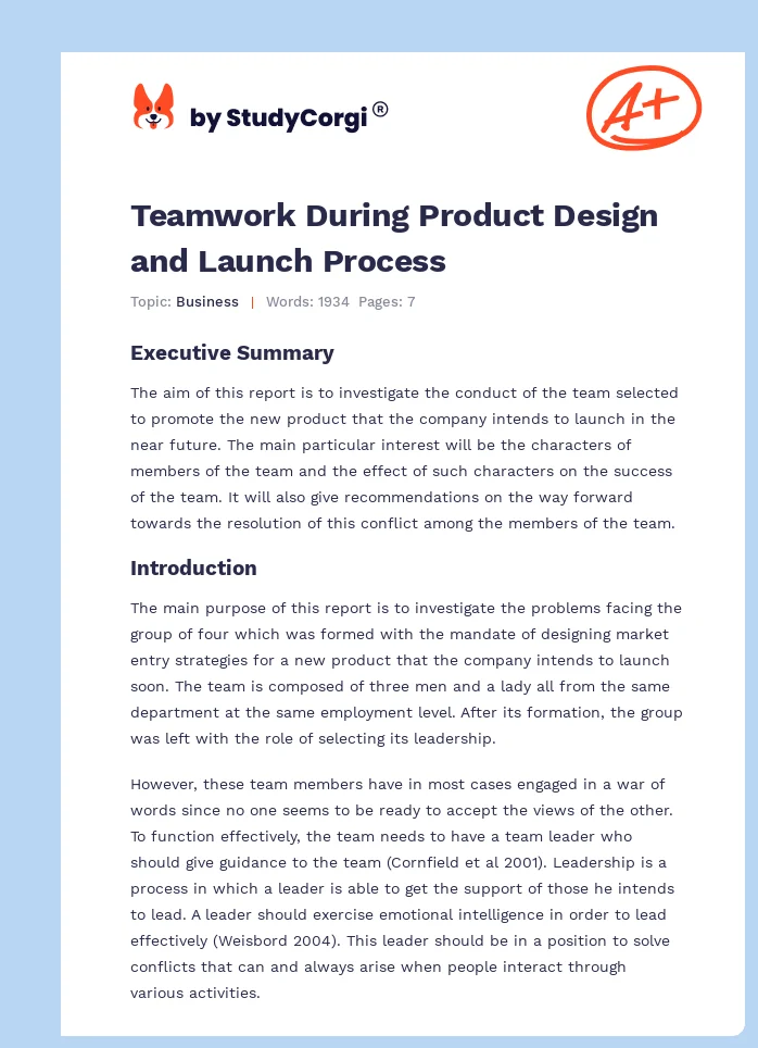 Teamwork During Product Design and Launch Process. Page 1