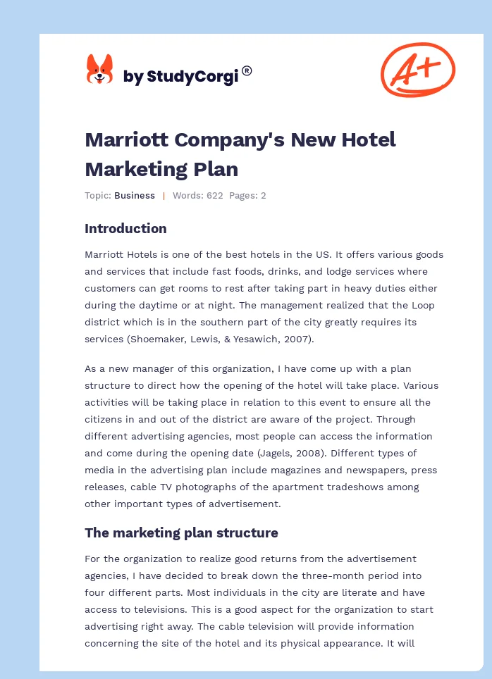 Marriott Company's New Hotel Marketing Plan. Page 1