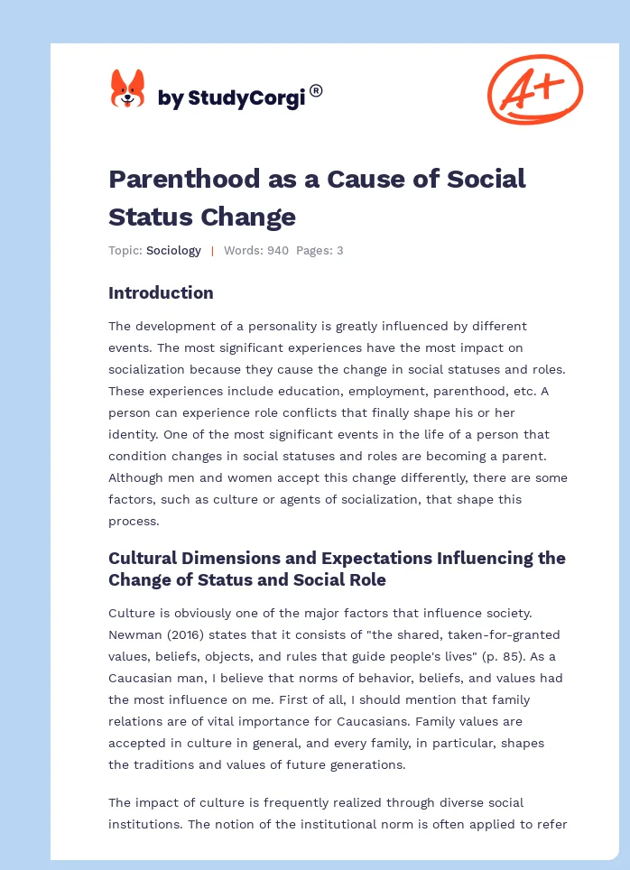 Parenthood as a Cause of Social Status Change. Page 1