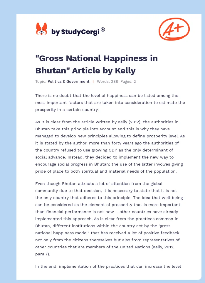 "Gross National Happiness in Bhutan" Article by Kelly. Page 1