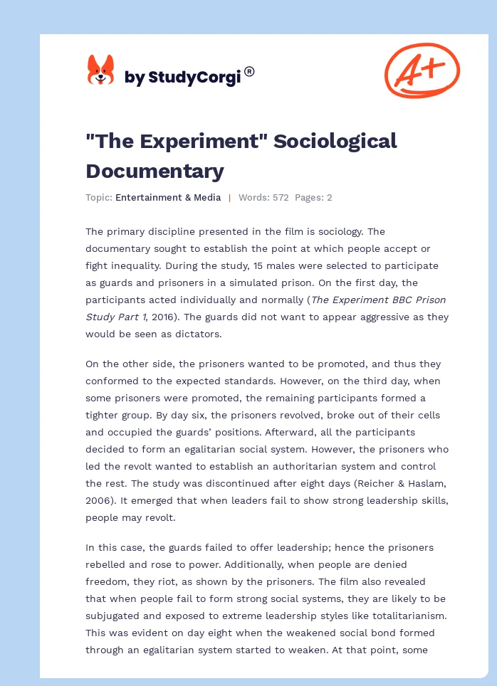 "The Experiment" Sociological Documentary. Page 1