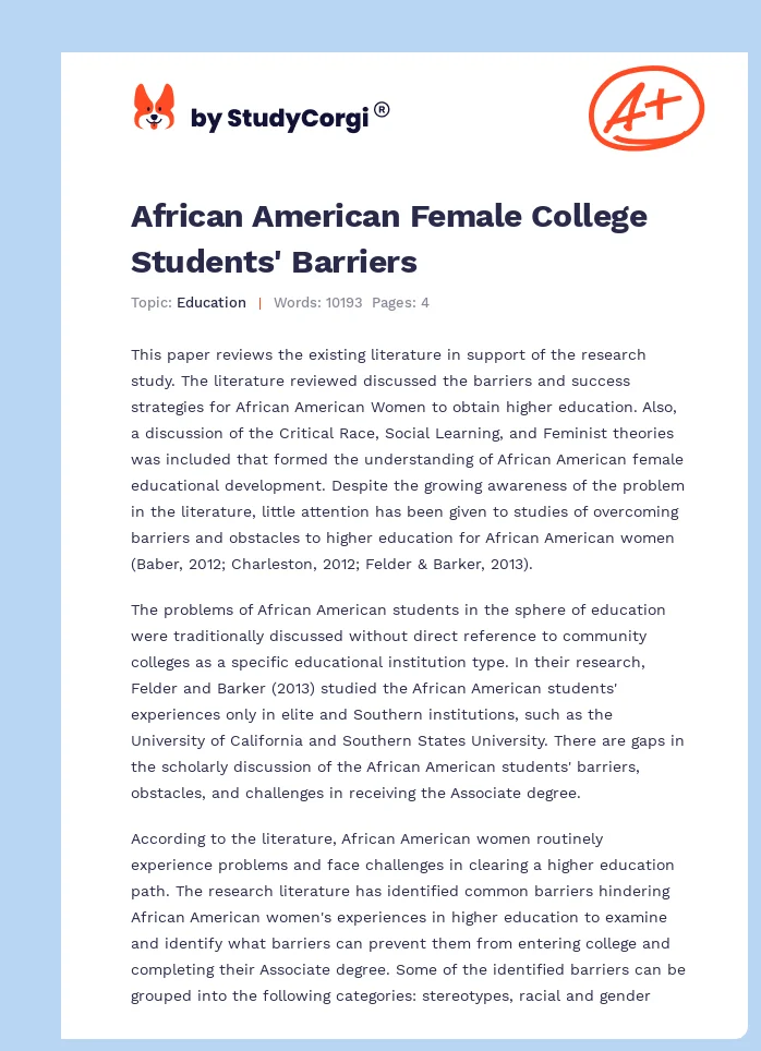 African American Female College Students' Barriers. Page 1