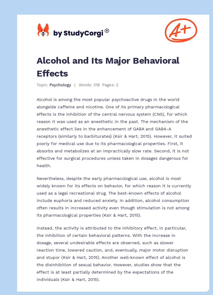 Alcohol and Its Major Behavioral Effects. Page 1
