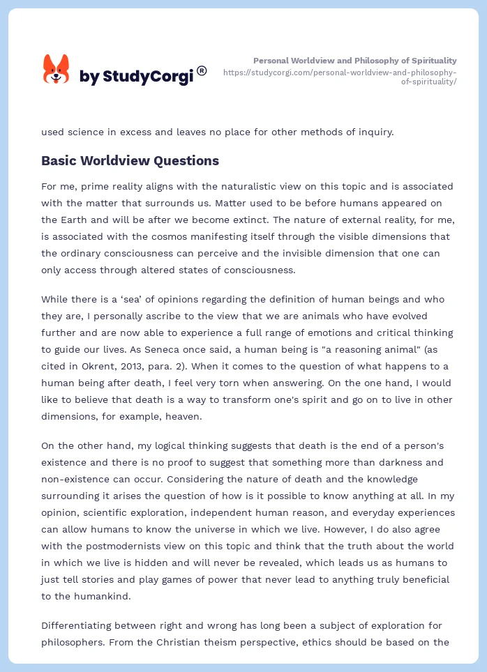 Personal Worldview and Philosophy of Spirituality. Page 2