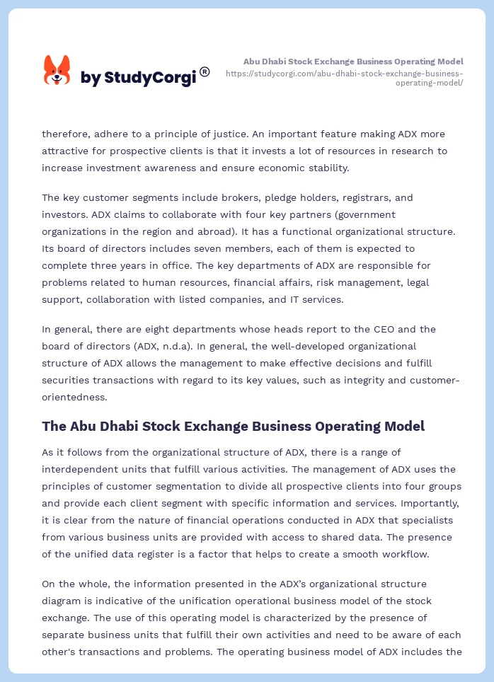 Abu Dhabi Stock Exchange Business Operating Model. Page 2