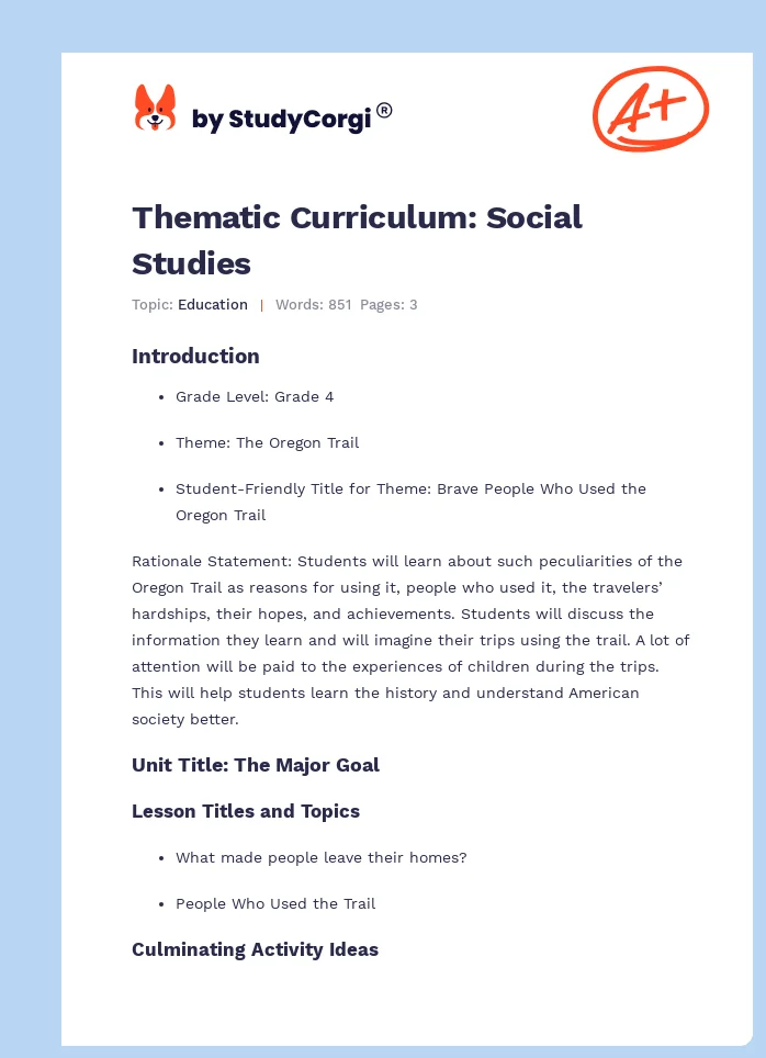 Thematic Curriculum: Social Studies. Page 1