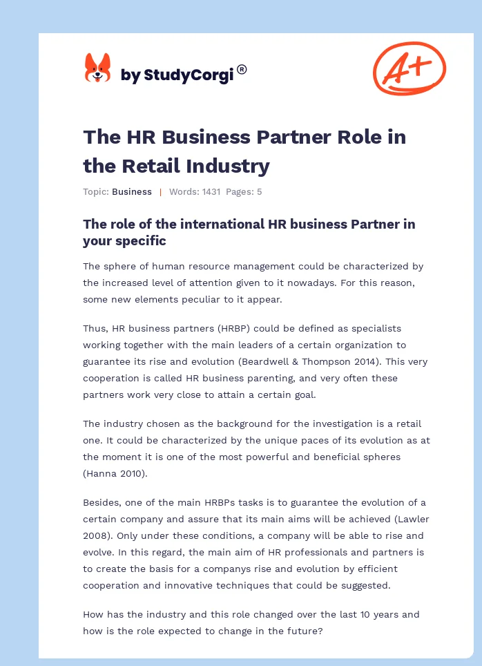 The HR Business Partner Role in the Retail Industry. Page 1