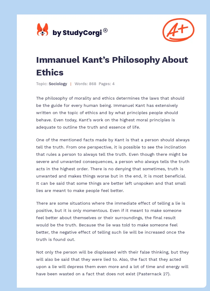 Immanuel Kant’s Philosophy About Ethics. Page 1