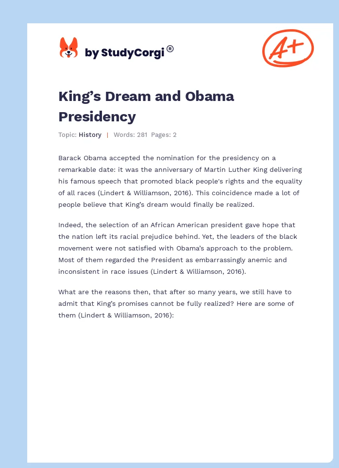 King’s Dream and Obama Presidency. Page 1
