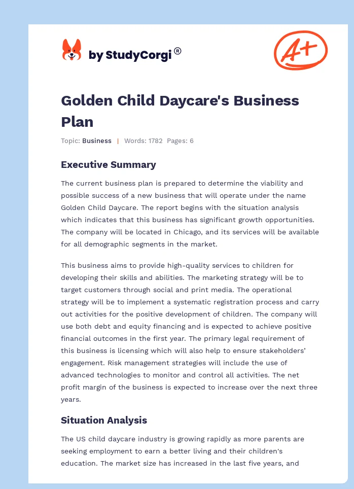 Golden Child Daycare's Business Plan. Page 1
