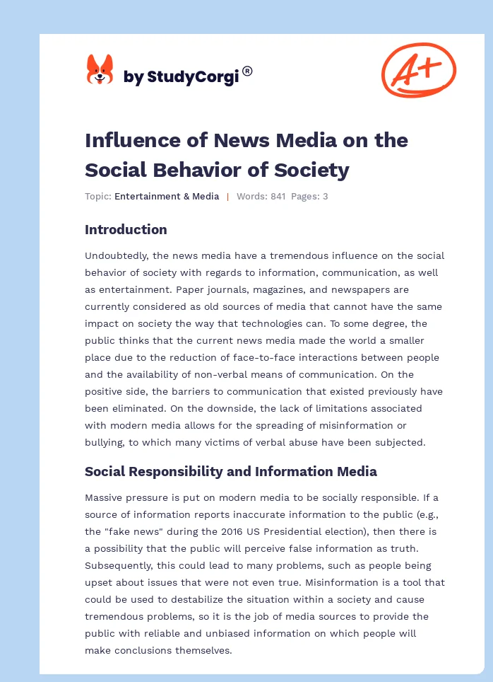 Influence of News Media on the Social Behavior of Society. Page 1