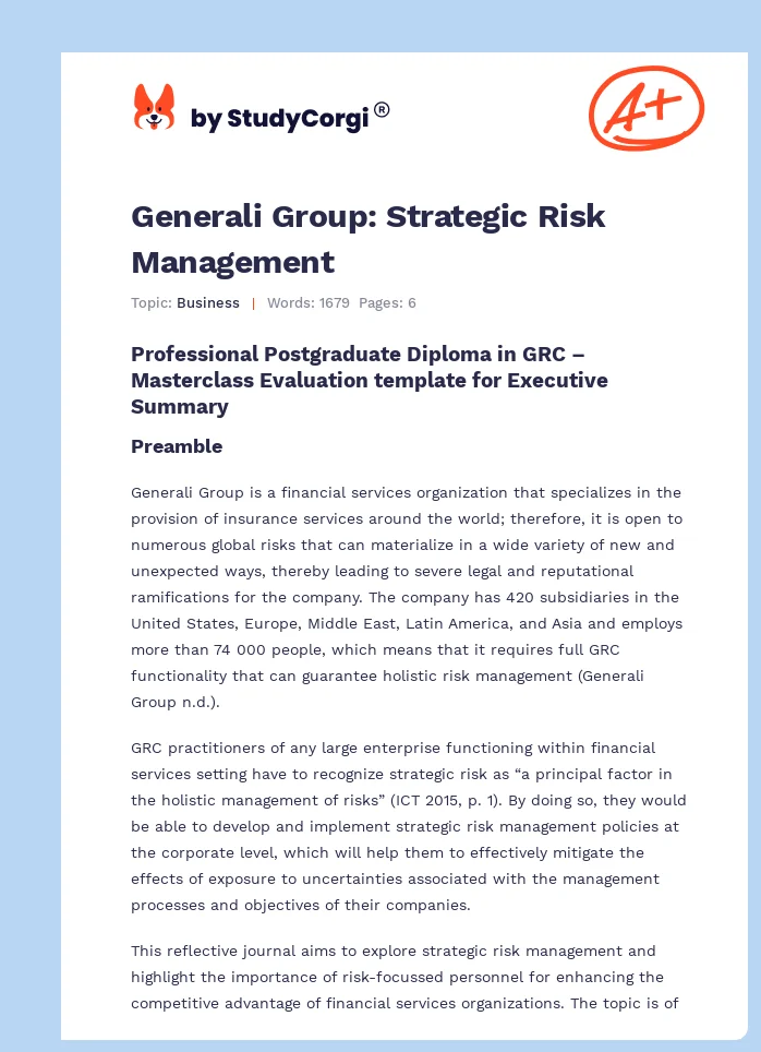 Generali Group: Strategic Risk Management. Page 1