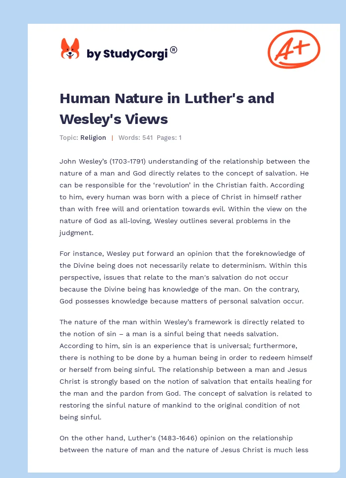 Human Nature in Luther's and Wesley's Views. Page 1