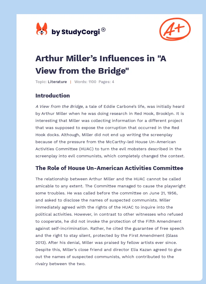 Arthur Miller’s Influences in "A View from the Bridge". Page 1