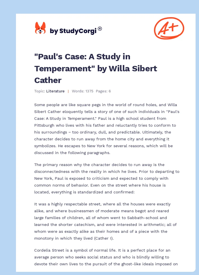 "Paul's Case: A Study in Temperament" by Willa Sibert Cather. Page 1