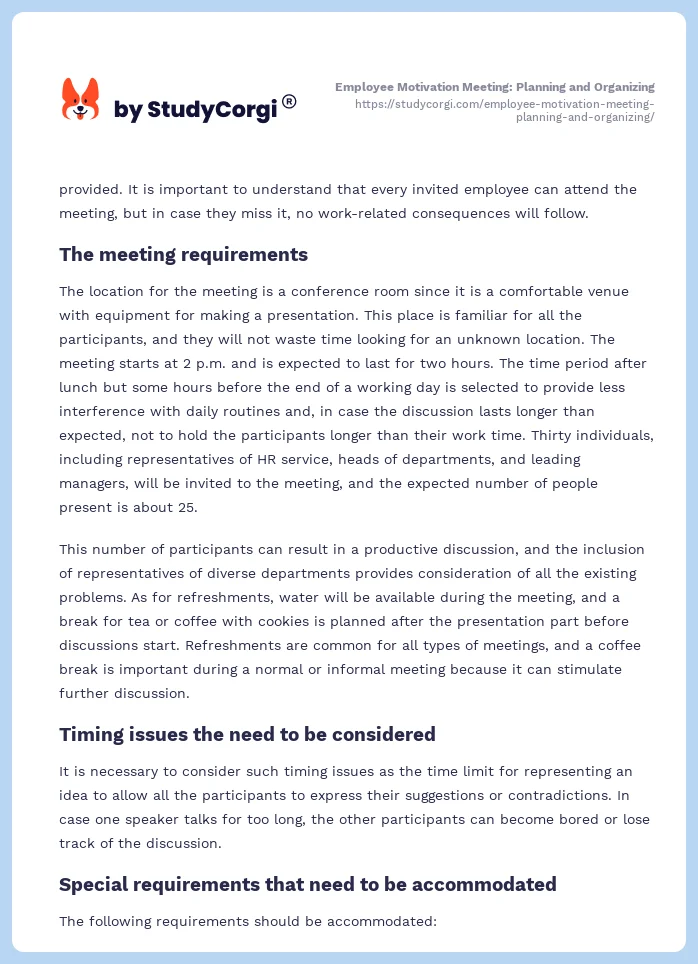 Employee Motivation Meeting: Planning and Organizing. Page 2