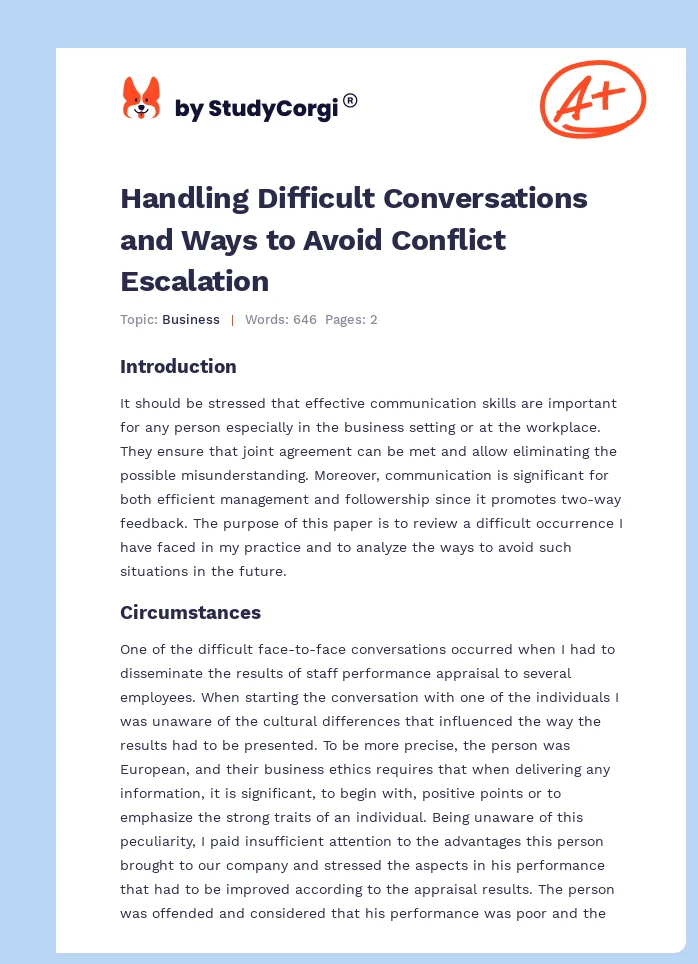 Handling Difficult Conversations and Ways to Avoid Conflict Escalation. Page 1