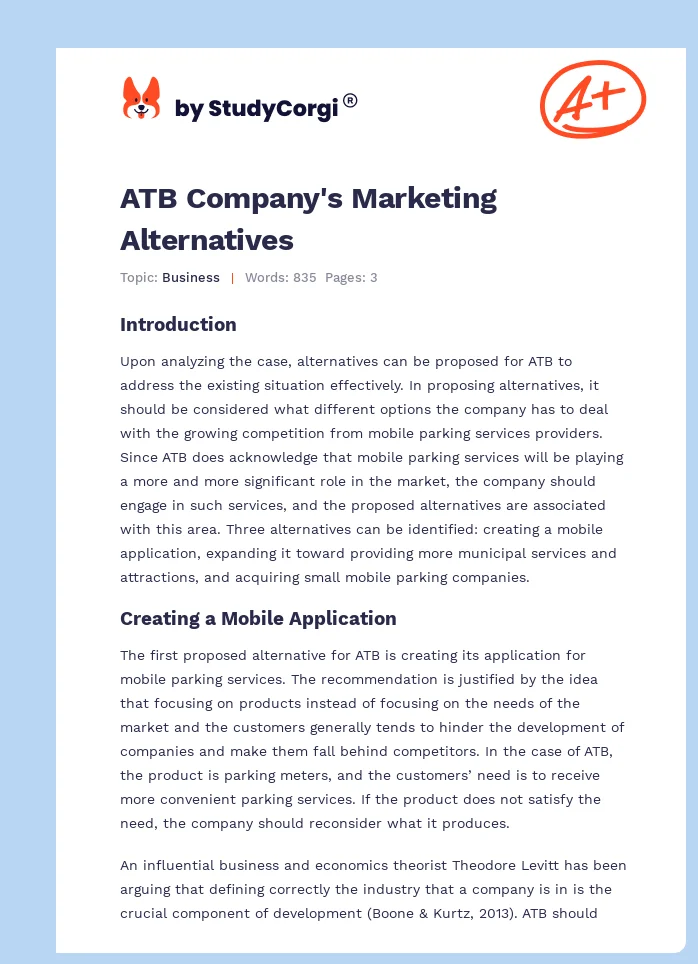 ATB Company's Marketing Alternatives. Page 1