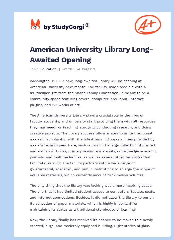 American University Library Long-Awaited Opening. Page 1