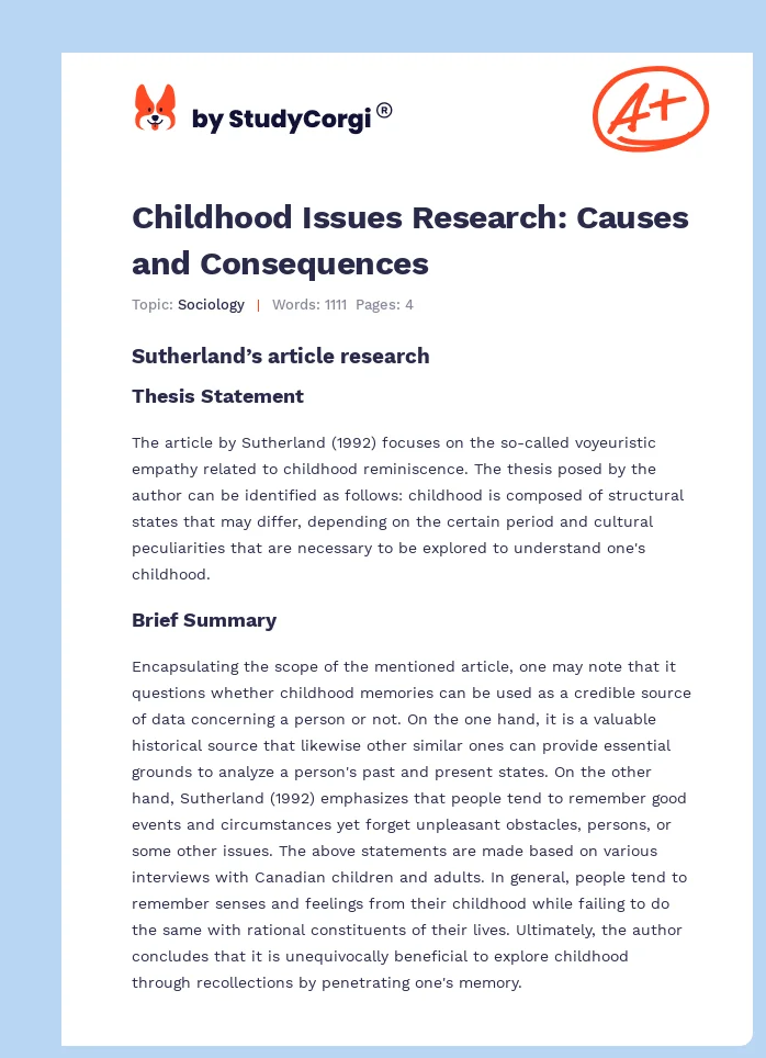 Childhood Issues Research: Causes and Consequences. Page 1