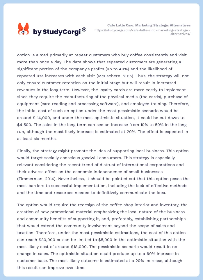 Cafe Latte Cino: Marketing Strategic Alternatives. Page 2