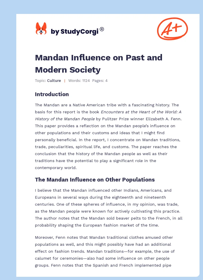 Mandan Influence on Past and Modern Society. Page 1