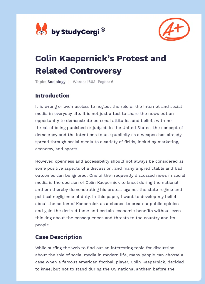 Colin Kaepernick’s Protest and Related Controversy. Page 1