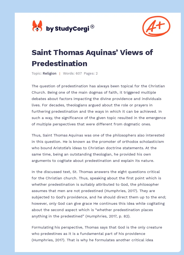 Saint Thomas Aquinas’ Views of Predestination. Page 1
