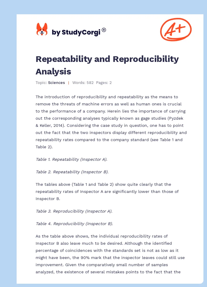 Repeatability and Reproducibility Analysis. Page 1