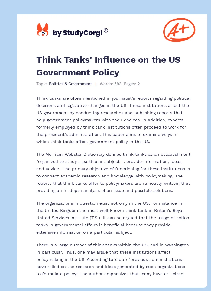 Think Tanks' Influence on the US Government Policy. Page 1