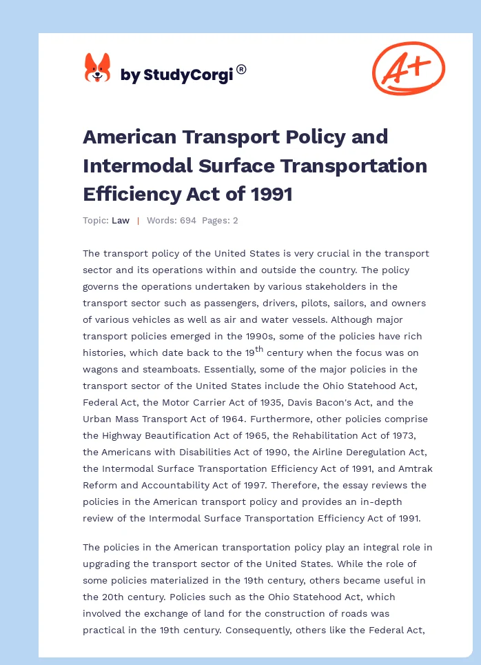 American Transport Policy and Intermodal Surface Transportation Efficiency Act of 1991. Page 1